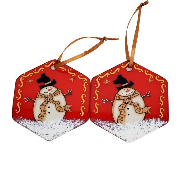 2 Vtg Red Glass Suncatcher Hand Painted Christmas Hexagon Ornament Holiday Decor - Picture 1 of 6